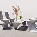 Modern Geometric Table and Chair Set with Potted Plants and Floor Lamp