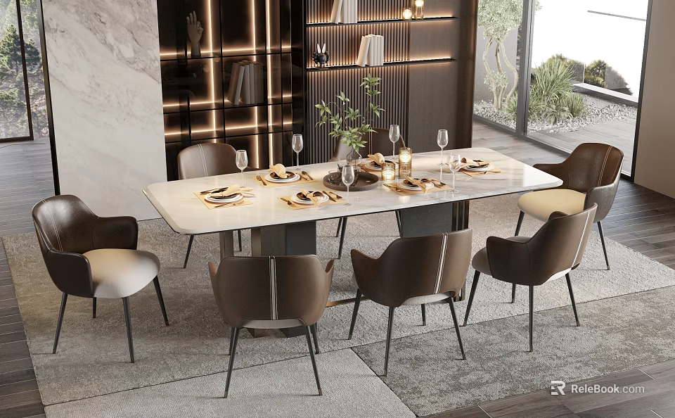 Modern Dining Table Set With Marble Top Brown Chairs Tableware Wine Glasses Candle Green Plant 3d model 
