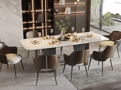 Modern Dining Table Set With Marble Top Brown Chairs Tableware Wine Glasses Candle Green Plant 3d model