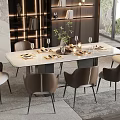Modern Dining Table Set With Marble Top Brown Chairs Tableware Wine Glasses Candle Green Plant
