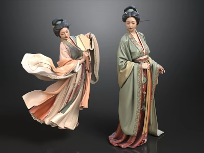 Two Women In Traditional Chinese Costumes With Flowing Robes And Classical Hairstyles 3d model