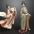 Two Women In Traditional Chinese Costumes With Flowing Robes And Classical Hairstyles