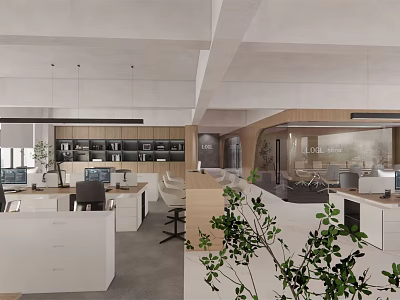 Modern Public Office Space With Open Layout Workstations Green Plants And Natural Light 3d model