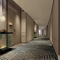 Luxurious Hotel Corridor Featuring Symmetric Paneling Patterned Carpet And Ambient Lighting 3d model
