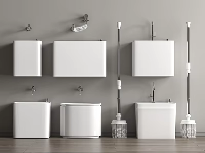 Bathroom With White Fixtures And Toilet Brushes Against Grey Wall 3d model
