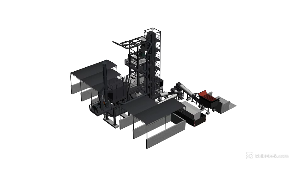 Road Construction Equipment With Asphalt Mixing Tower Conveyor Belt And Storage Bins 3d model 