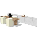 Wooden Dining Table Set With White Supports And Wall Panel Design 3d model