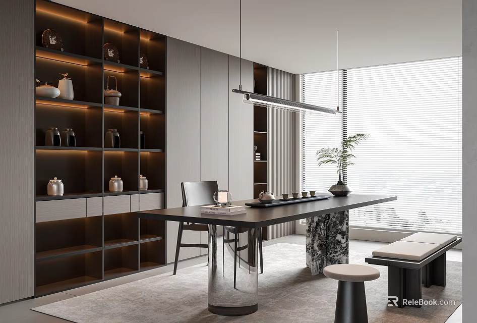 Elegant Tea Room Interior With Dark Shelves Tea Sets Long Table Hanging Lights Potted Plant 3d model 