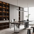 Elegant Tea Room Interior With Dark Shelves Tea Sets Long Table Hanging Lights Potted Plant