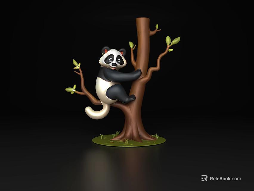 Cute Panda Climbing Tree Trunk With Green Leaves And Grass Base 3d model 