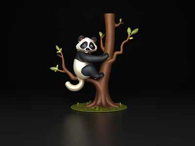 Cute Panda Climbing Tree Trunk With Green Leaves And Grass Base 3d model