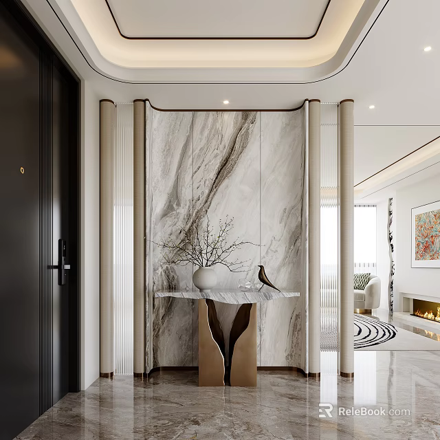 Modern Entryway Interior With Marble Feature Wall White Vase Bird Decoration And Metal Base Table 3d model 