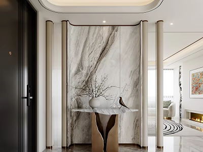 Modern Entryway Interior With Marble Feature Wall White Vase Bird Decoration And Metal Base Table 3d model