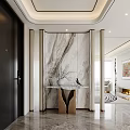 Modern Entryway Interior With Marble Feature Wall White Vase Bird Decoration And Metal Base Table