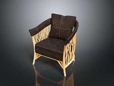 Modern Armchair With Brown Leather Cushion And Wooden Geometric Frame Design 3d model