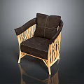Modern Armchair With Brown Leather Cushion And Wooden Geometric Frame Design