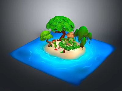 Modern Tropical Island Scene With Sandy Beach Green Trees Thatched Hut And Blue Water 3d model