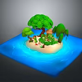 Modern Tropical Island Scene With Sandy Beach Green Trees Thatched Hut And Blue Water