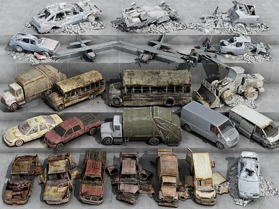 Abandoned Cars Trucks Buses And Rusty Wrecked Vehicles In Junkyard Lot 3d model