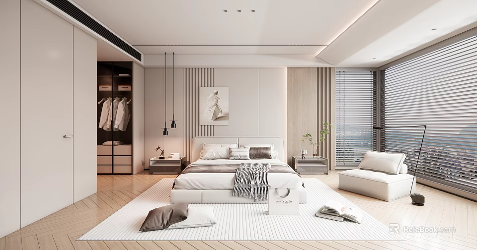 Modern Bedroom Interior Design With Bed Wardrobe Pendant Lights and Floor to Ceiling Window Blinds 3d model 