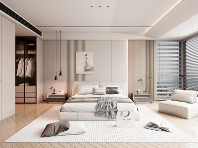 Modern Bedroom Interior Design With Bed Wardrobe Pendant Lights and Floor to Ceiling Window Blinds 3d model