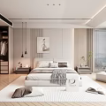 Modern Bedroom Interior Design With Bed Wardrobe Pendant Lights and Floor to Ceiling Window Blinds