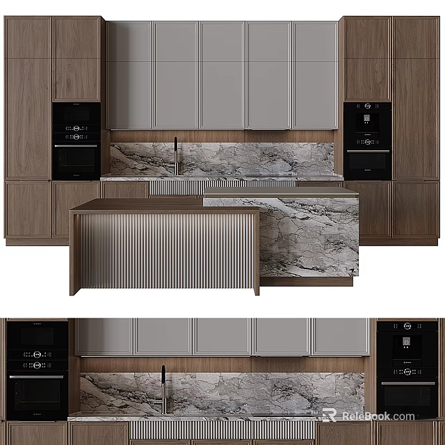 Modern Kitchen Interior With Gray And Wooden Cabinets Marble Countertops And Island 3d model 