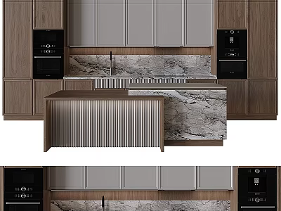 Modern Kitchen Interior With Gray And Wooden Cabinets Marble Countertops And Island 3d model