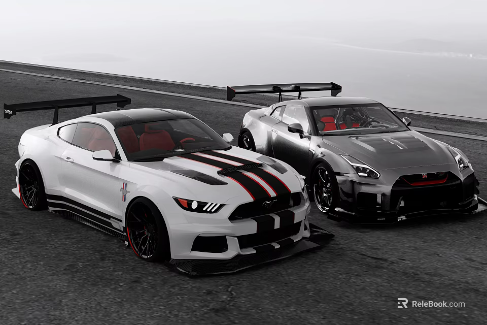 White And Silver Sports Cars With Black Red Stripes And Rear Spoilers On Road 3d model 