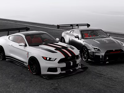 White And Silver Sports Cars With Black Red Stripes And Rear Spoilers On Road 3d model