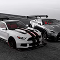 White And Silver Sports Cars With Black Red Stripes And Rear Spoilers On Road