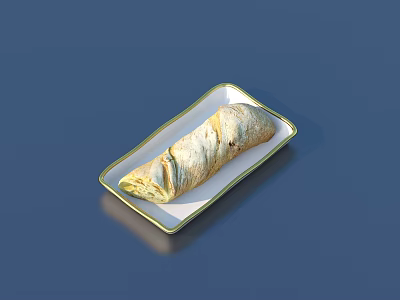 Golden Brown Baked Bread Roll On Rectangular White Plate With Green Rim 3d model