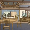 Ancient Chinese Architecture Interior Featuring Wooden Structure Carved Decorations Blue Curtains Round Table And Chairs