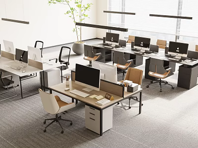 Modern Office Interior With Desks Computers Ergonomic Chairs And Potted Plants 3d model