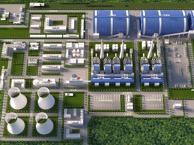 Industrial Plant Aerial View With Multiple Buildings Storage Tanks And Landscaped Greenery 3d model
