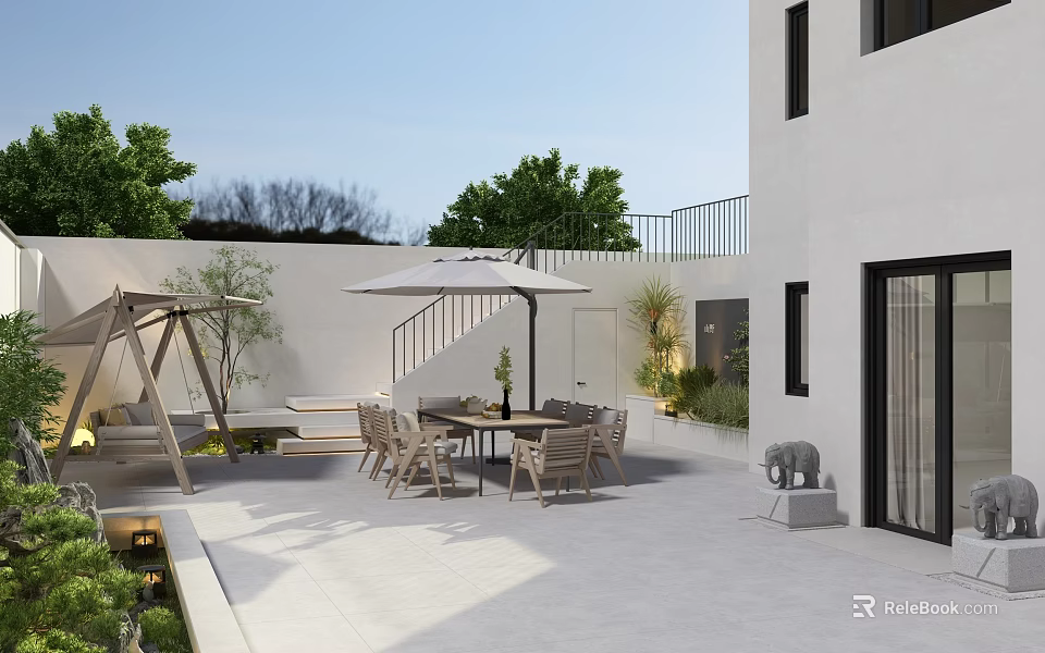 Modern Outdoor Garden Patio With Dining Table Chairs Umbrella And Green Plants 3d model 