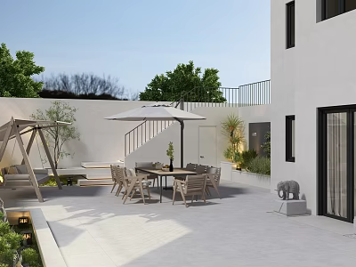 Modern Outdoor Garden Patio With Dining Table Chairs Umbrella And Green Plants 3d model