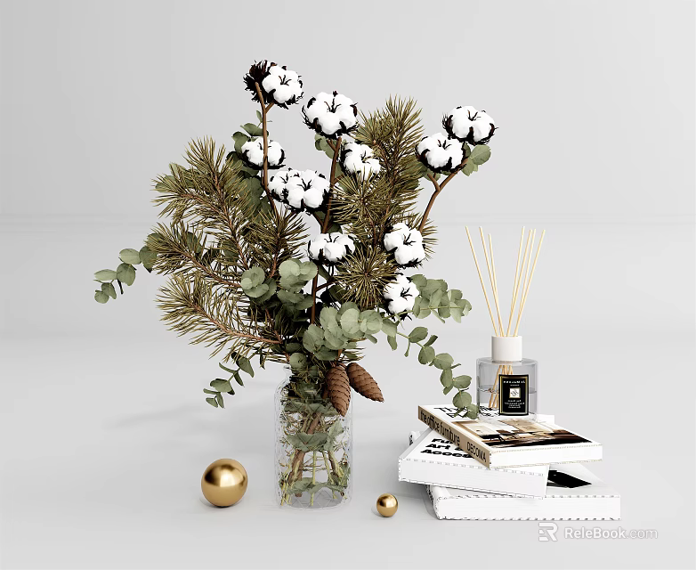 Floral Vase Arrangement With Cotton Pine Branches Eucalyptus Leaves And Diffuser Books Gold Decorative Balls 3d model 