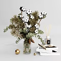 Floral Vase Arrangement With Cotton Pine Branches Eucalyptus Leaves And Diffuser Books Gold Decorative Balls