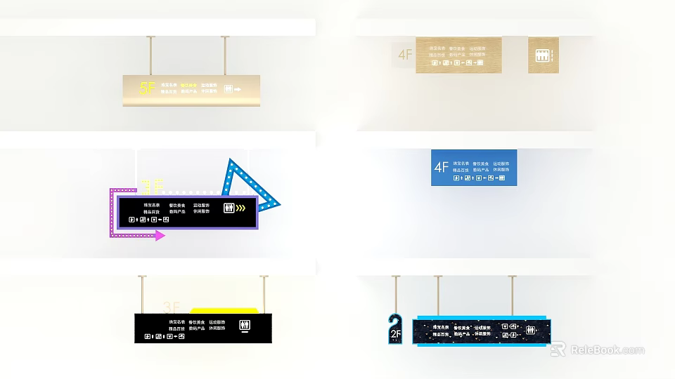 Modern Hanging Pendant Signs with Colorful Designs Floor Indicators and Clear Typography 3d model 