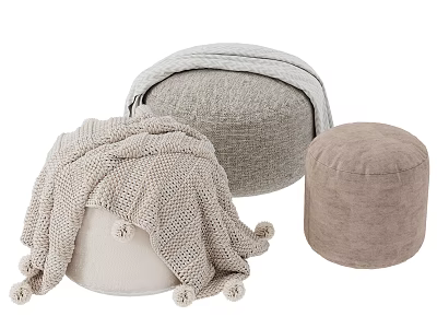 Stylish Cozy Ottomans With Knitted Blanket Light Gray And Beige Upholstered Designs 3d model