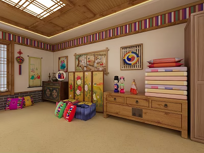 Traditional Room Interior With Wooden Ceiling Colorful Striped Decor Screen Dolls Suitcases And Furniture 3d model