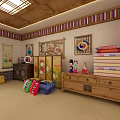 Traditional Room Interior With Wooden Ceiling Colorful Striped Decor Screen Dolls Suitcases And Furniture