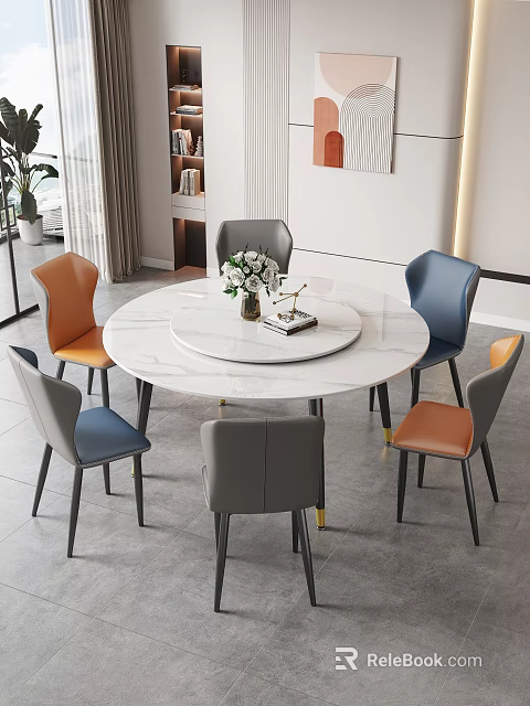 Modern Round Dining Table Set with White Marble Top and Multicolor Chairs 3d model