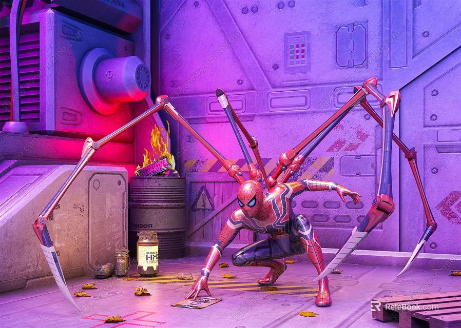 Spider Themed Superhero Game Character With Mechanical Spider Legs In Futuristic Setting Purple Neon Lights 3d model