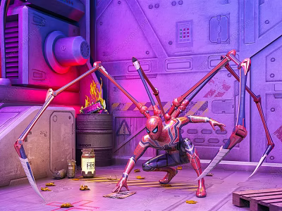 Spider Themed Superhero Game Character With Mechanical Spider Legs In Futuristic Setting Purple Neon Lights 3d model