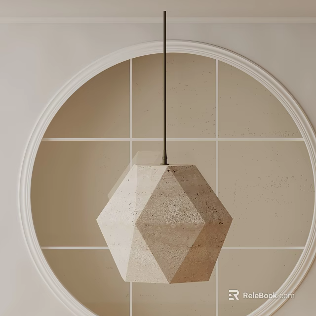 Modern Geometric Concrete Pendant Light with Circular Frame on Beige Grid Wall 3d model 