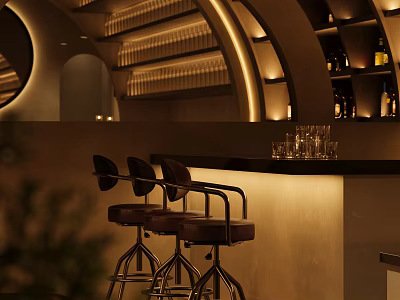 Modern Bar Interior With Stools Ambient Lighting Glasses And Bottle Shelves 3d model