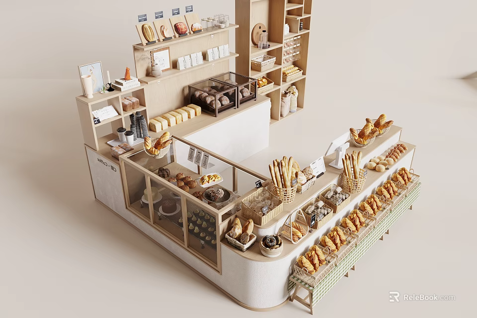 Bakery Dessert Shop Interior With Fresh Bread Pastries On Display Shelves And Counter 3d model 