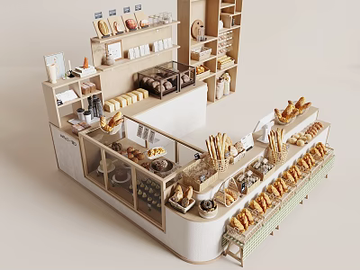 Bakery Dessert Shop Interior With Fresh Bread Pastries On Display Shelves And Counter 3d model
